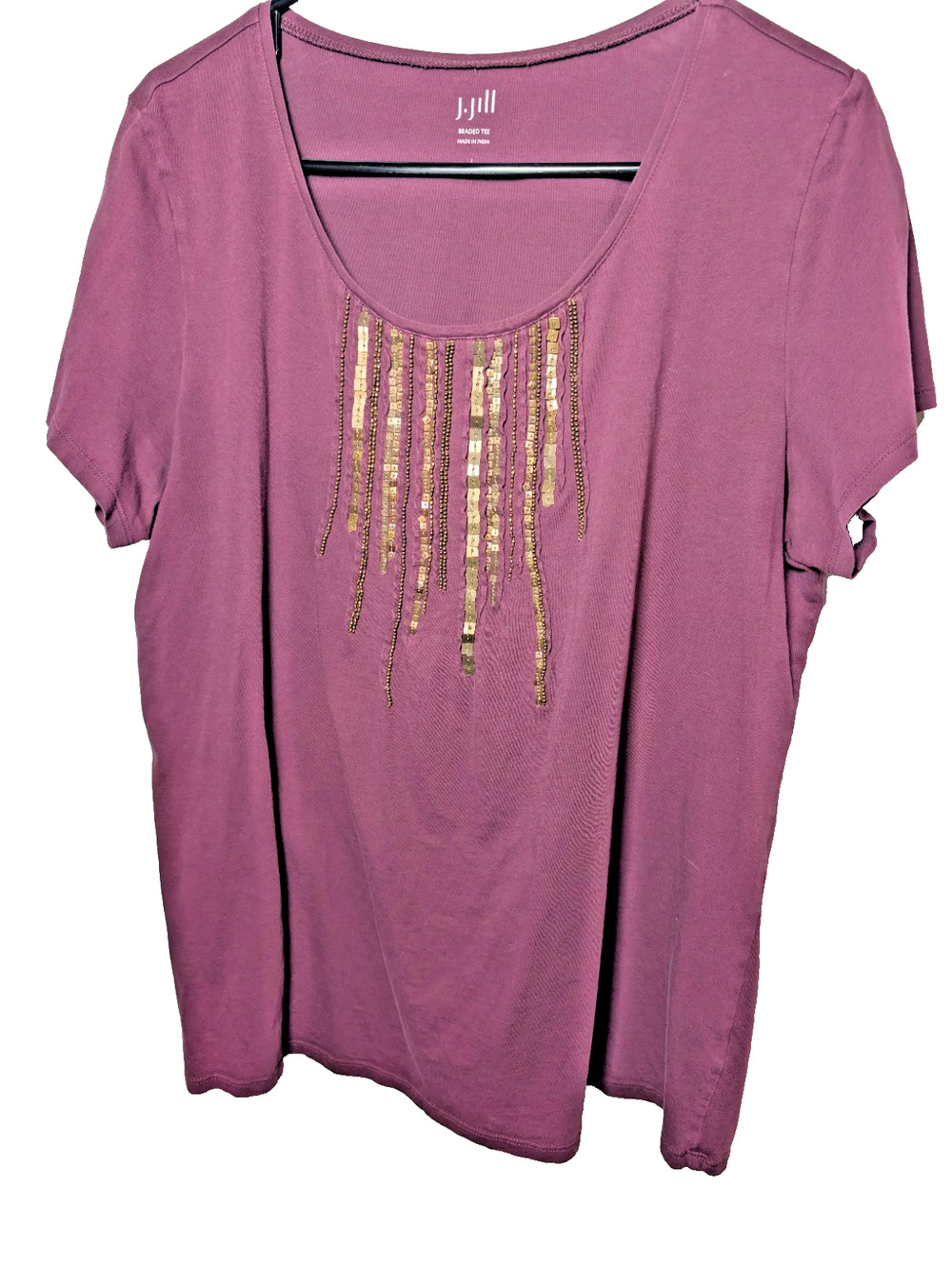 J. Jill T-Shirt Top Slub Knit Beaded Shirt Casual Purple Women's Size Large Tee